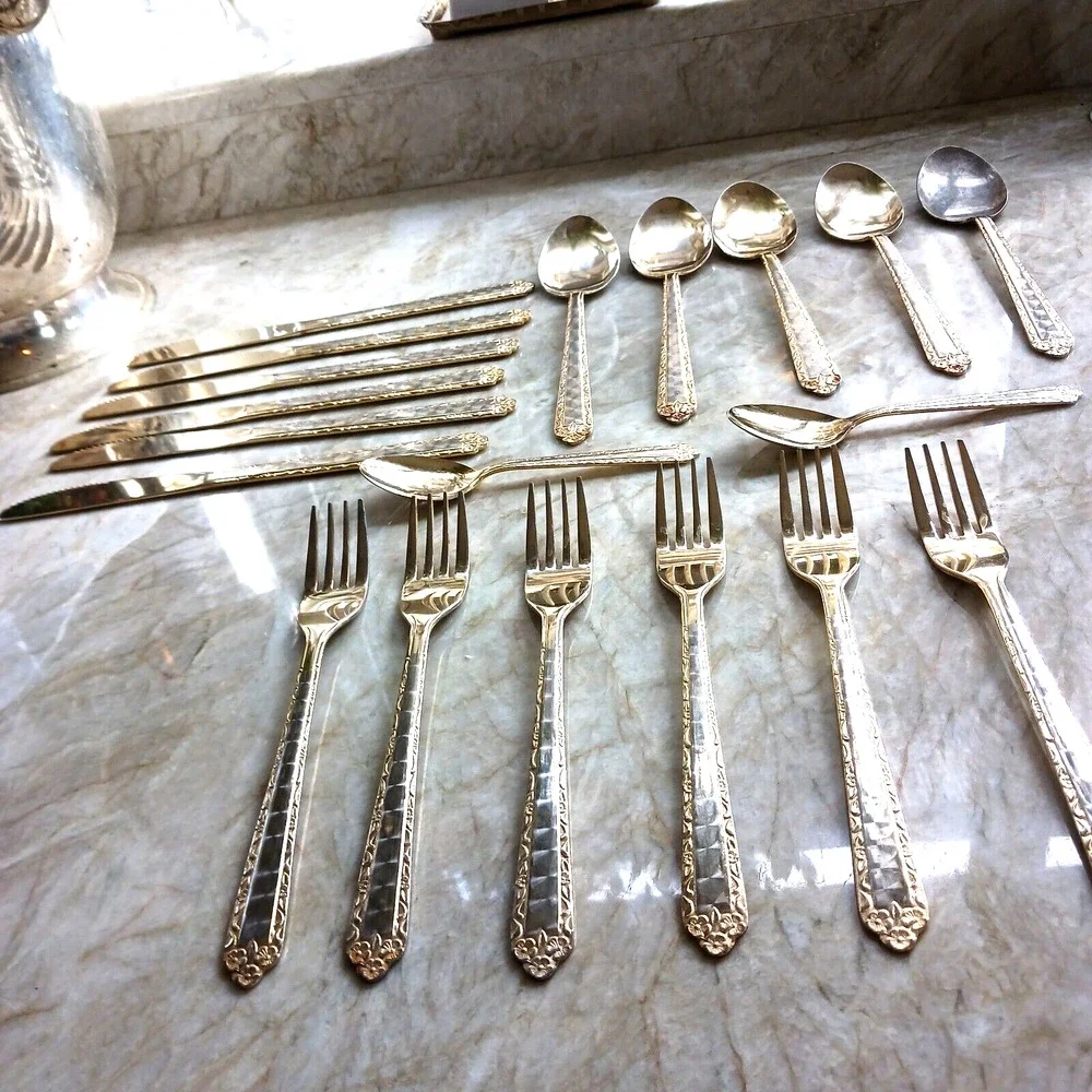 1960s Vntg‎ Gold Electroplated Stainless Cutlery JAPAN FLORAL Modern RARE